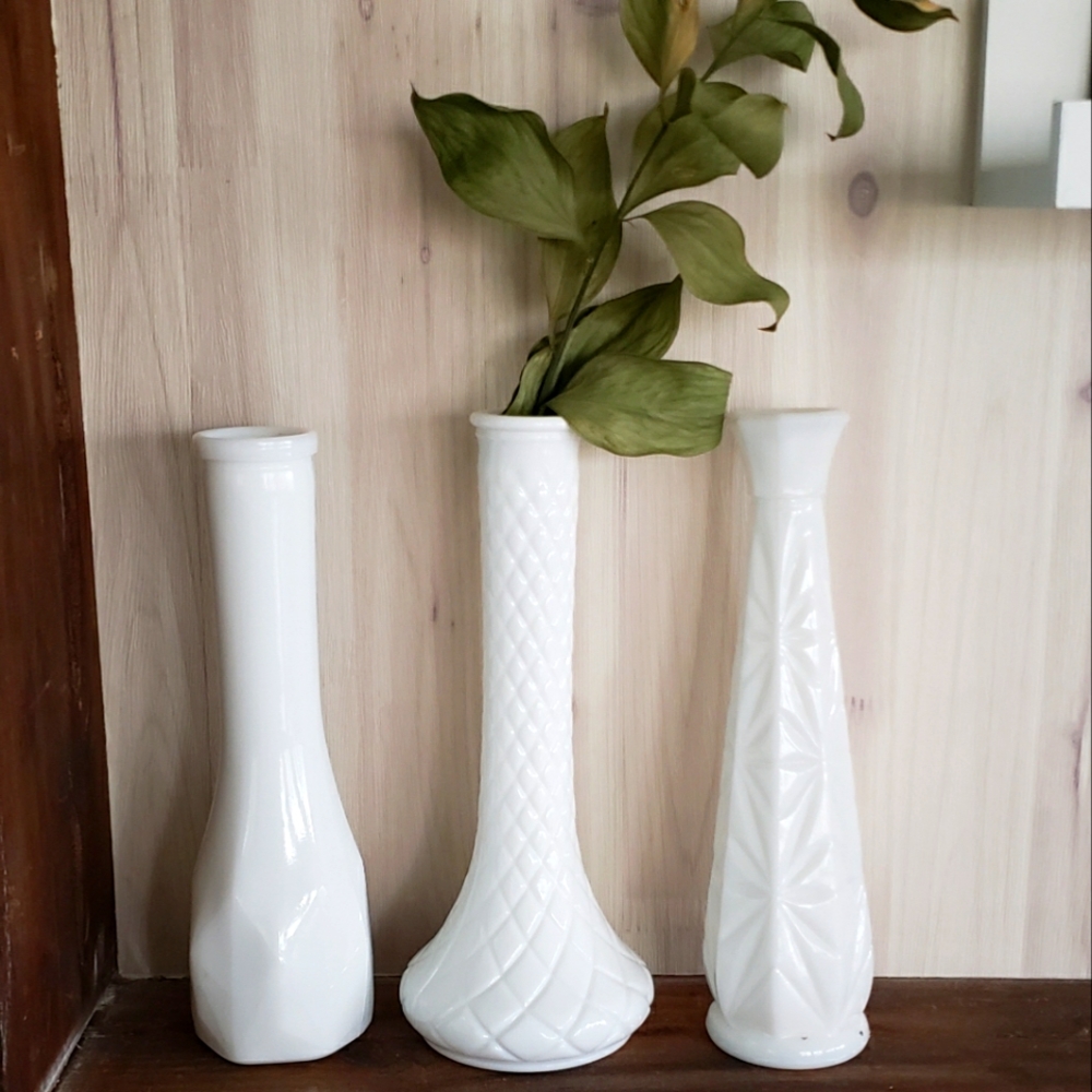 Set of 3 unique milk glass vases